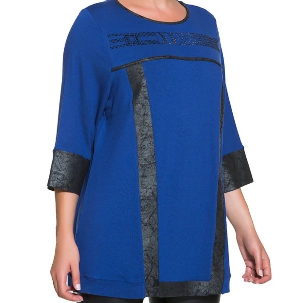 Tops & Plus Faux Leather Tunic queen Size 3X 4x 5X black and blue 3/4 sleeve